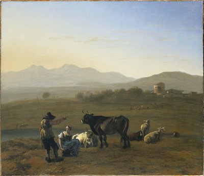 Een uitgestrekt landschap in de Romeinse Campagna, met vee en herders, 1975 door Karel Dujardin