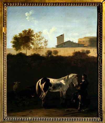 Landschap van Italië met Patres en paard door Karel Dujardin