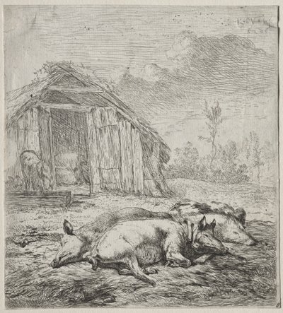 Drie Varkens Liggend voor een Stal door Karel Dujardin