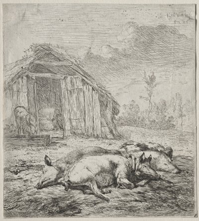 Drie Varkens Liggend voor een Hok door Karel Dujardin