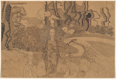 Allegorische voorstelling met figuren en een pauw in een tuin door Karel de Nerée tot Babberich (signed by artist)