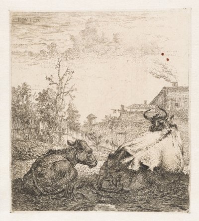 Liggende koe met kalf door Karel du Jardin (signed by artist)