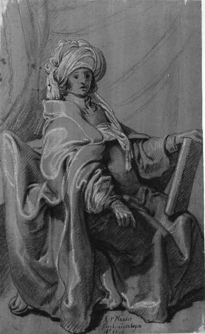Zittende figuur in mantel en tulband, een boek houdend. Naar rechts gewend. door Karel van III Mander