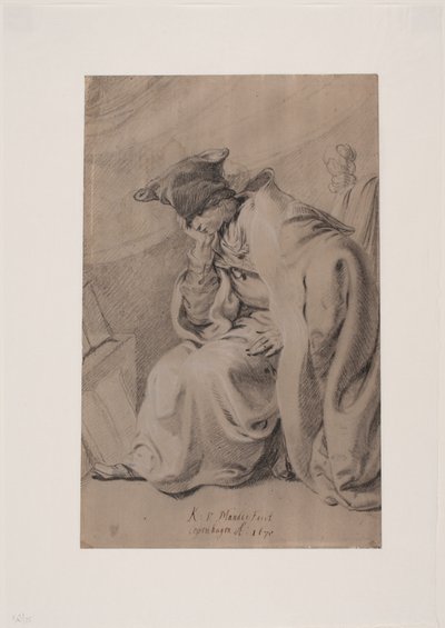 Peinzende jonge man met hand onder kin. Mantel en bontmuts door Karel van III Mander