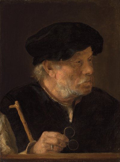 Een man, buste-lengte, met een wandelstok en zijn bril, bij een houten rand door Karel van der Pluym
