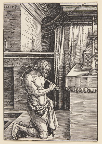 Oude man met tulband, staand met stok door Karel van der Pluym