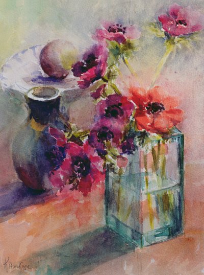 Anemonen in groene glazen vaas, 2002 door Karen Armitage