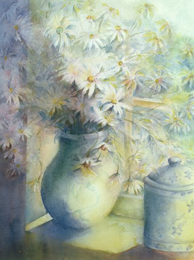 Asters - Snowsprite in kan op vensterbank door Karen Armitage