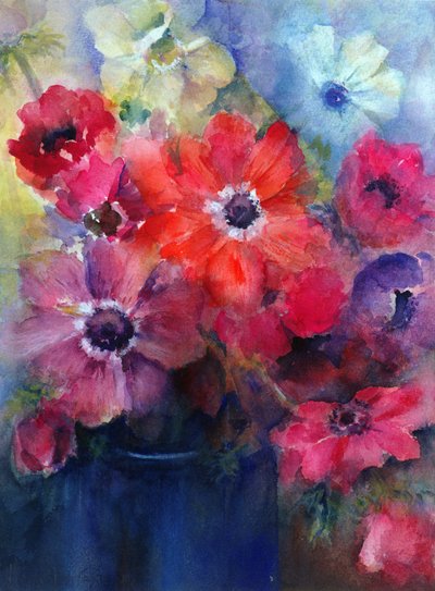 Caen Anemonen in een Blauwe Kan door Karen Armitage