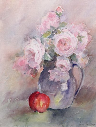 Roze rozen in een blauwe kan, 1994 door Karen Armitage