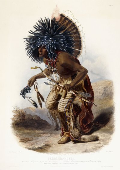 Pehriska-Rupha: Moennitarri krijger in het kostuum van de Hondendans door Karl (after) Bodmer