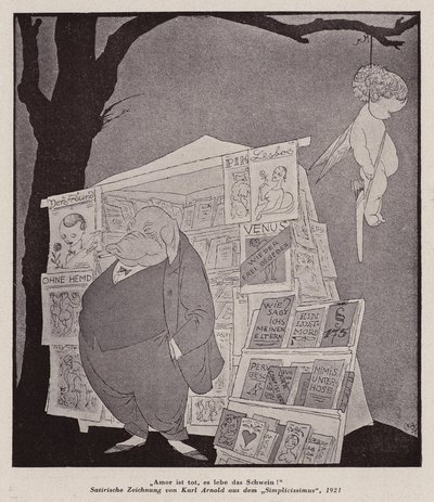 Cupido hangend aan een boom boven een straatkiosk die pornografie verkoopt (litho) door Karl Arnold