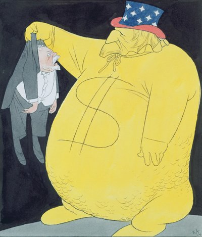 Uncle Sam als zak dollars met Poincare (aquarel, pen  inkt op papier) door Karl Arnold