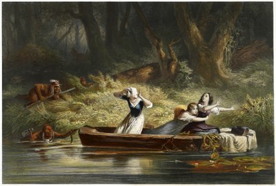 Gevangenneming van de dochters van Daniel Boone en Richard Callaway door de Indianen, uitgegeven 1852 door Karl Bodmer