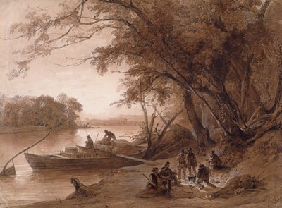 Kampement van de reizigers aan de Missouri door Karl Bodmer