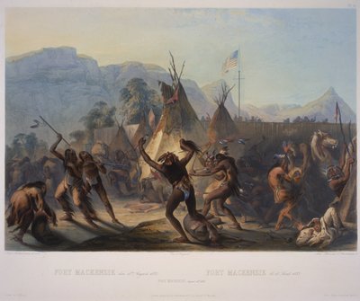 Fort McKenzie, 28 augustus 1833, gegraveerd door Manceau und Hurliman, gepubliceerd in 1842 door Karl Bodmer