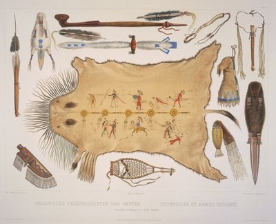 Indiase gebruiksvoorwerpen en wapens, gegraveerd door A. Zschokke en J. Hurliman, gepubliceerd in 1840 door Karl Bodmer