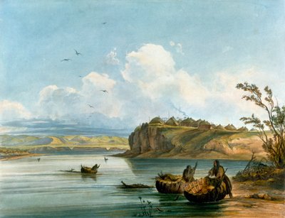 Mandan Native American vrouwen steken de Missouri-rivier over op boten gemaakt van buffelhuid, Native American beschaving, Verenigde Staten door Karl Bodmer