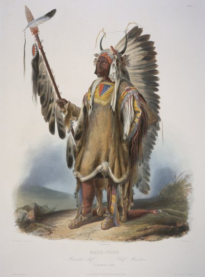 Mato-Tope, een Mandan-hoofdman, gegraveerd door J. Hurliman, gepubliceerd in 1839 door Karl Bodmer