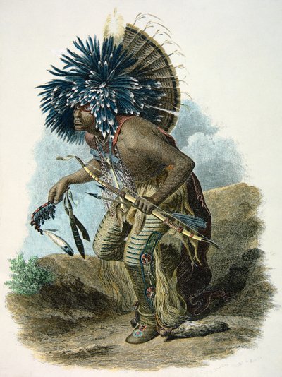 Medicijnman van de Mandan stam in het kostuum van de Hondendans door Karl Bodmer