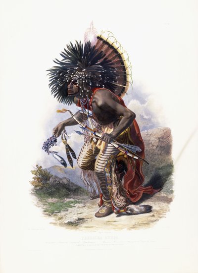 Pehriska-Ruhpa, Moennitarri krijger in het kostuum van de hondendans, 1840 door Karl Bodmer