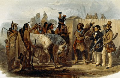 Prins Max von Wied-Neuwied (1782-1867) en Karl Bodmer worden begroet door de Hidatsa Indianen door Karl Bodmer