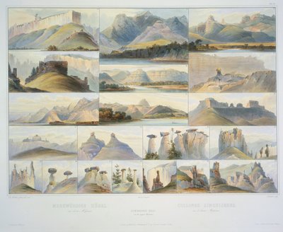 Opmerkelijke heuvels aan de bovenloop van de Missouri, gegraveerd door F. Salathe, gepubliceerd in 1839 door Karl Bodmer