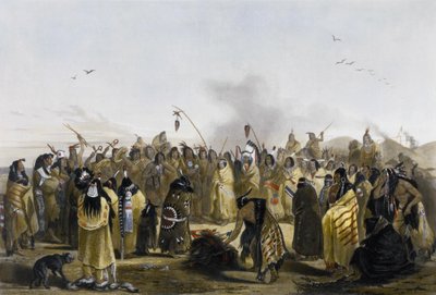 Hoofdhuiddans van de Minitarres door Karl Bodmer