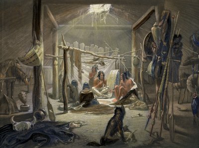 Het interieur van een hut van een Mandan-hoofdman, plaat 19 uit Volume 2 van Reizen in het Binnenland van Noord-Amerika, gegraveerd door Narcisse Desmadryl, 1844 (detail) door Karl Bodmer