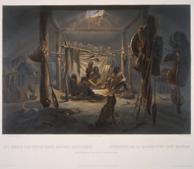 Het interieur van de hut van een Mandan-hoofdman door Karl Bodmer