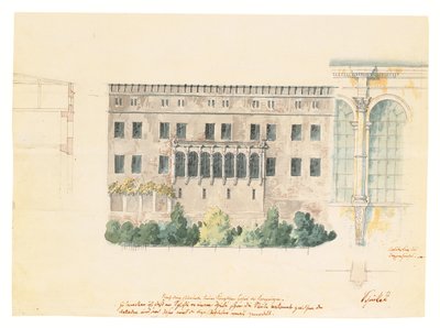 Een ontwerp voor een nieuwe trap voor de noordgevel van het Schloss in Stettin, met een aanvullende studie van de loggia, een dwarsdoorsnede van de gevel en een halfzuil, ca. 1840 door Karl Friedrich Schinkel