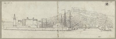 Gezicht op Napels met de haven, het Castel Nuovo, de vuurtoren en het Castel Sant