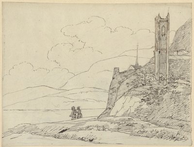 Berglandschap met torenruïnes en figuren door Karl Friedrich Schinkel