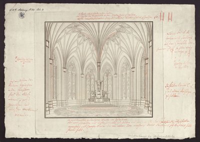 Berlijn, Spittelmarkt. Ontwerp voor de Gertraudkerk. Interieurzicht van het koor, met correcties door Karl Friedrich Schinkel