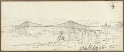 Gezicht op de hangbrug over de Menai Strait bij Bangor in Wales door Karl Friedrich Schinkel