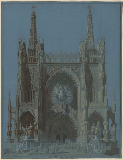 Gevel van een gotische kathedraal met twee torens door Karl Friedrich Schinkel