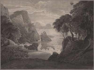 Rotsachtig kustlandschap met een kasteel door Karl Friedrich Schinkel
