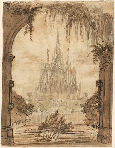 Gotische Kathedraal Achter een Vijver met Zwanen door Karl Friedrich Schinkel