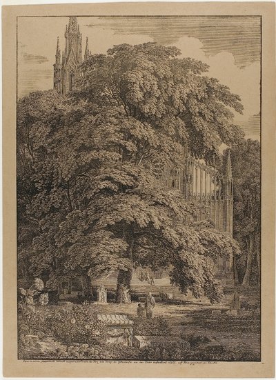 Gotische kerk achter een eikenbos met graven door Karl Friedrich Schinkel