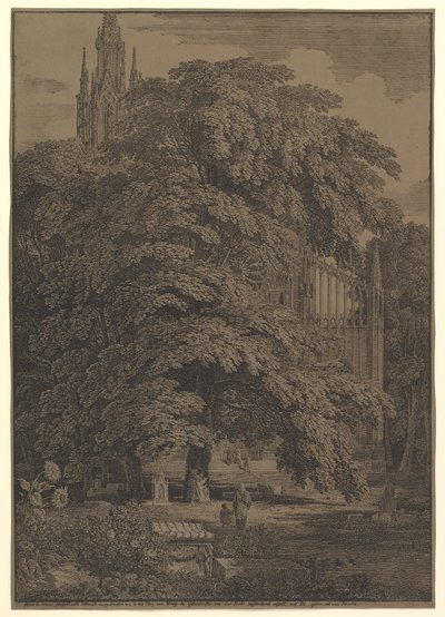 Gotische kerk verborgen door een boom door Karl Friedrich Schinkel