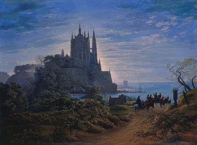 Gotische kerk op een rots aan zee door Karl Friedrich Schinkel