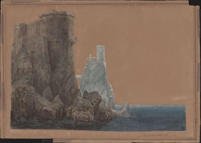 Koning Yngurd. Treurspel van Adolf Müllner. Ontwerp voor het 4e decor. Toren met de Doodspoort aan zee door Karl Friedrich Schinkel