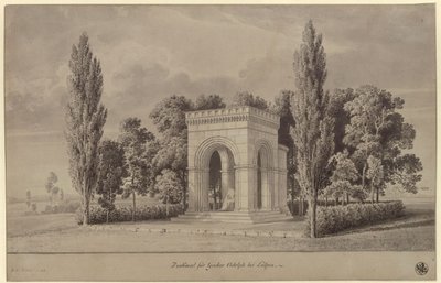 Lützen. Ontwerp voor een monument voor koning Gustaaf II Adolf van Zweden in de vorm van een romaanse hal boven de Zweedse Steen met aangebouwde apsis. Aanzicht door Karl Friedrich Schinkel