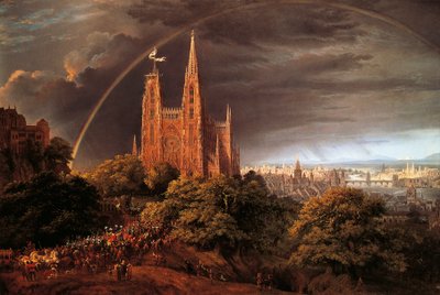 Middeleeuwse stad aan de oever van een rivier door Karl Friedrich Schinkel