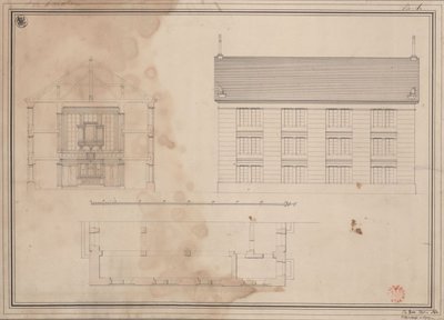 Tillendorf (Bolesławice, district Liegnitz). Ontwerp voor de protestantse kerk. Plattegrond, opstand van de zijgevel en dwarsdoorsnede door Karl Friedrich Schinkel