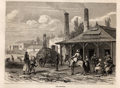 Een suikerfabriek aan de Riviere du Rempart, Mauritius. Illustratie van Alfred Verney