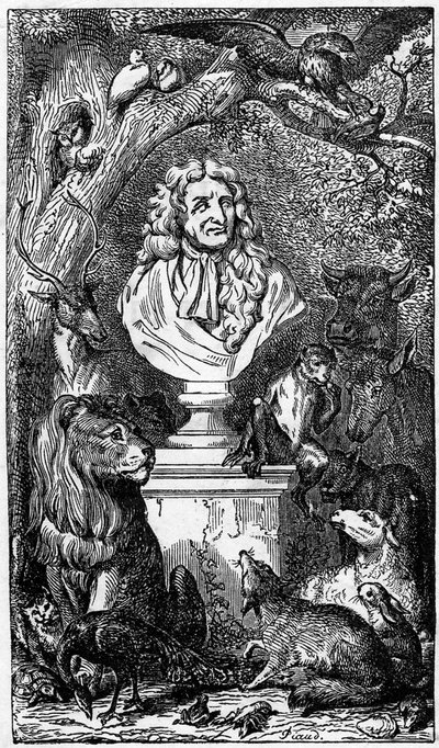 Allegorische buste van Jean de La Fontaine, omringd door dieren; frontispice van een boek van de Fabels van La Fontaine door Karl Girardet