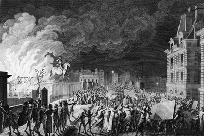 Begin van de Franse revolutie: Brand van de wachtkorpsen op de Pont Neuf in Parijs op 29 augustus 1788 door Karl Girardet