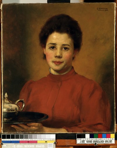 Jonge vrouw in rood door Karl Gussow