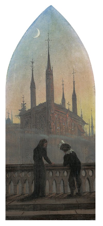 Mensen in oude Duitse kleding in contemplatie van een middeleeuwse stad door Karl Gustav Carus